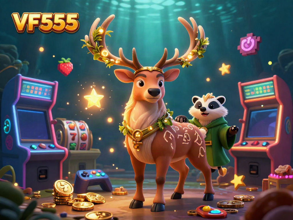 Experience the vibrant VF 555 casino world with a Celtic stag, badger, and gaming elements.