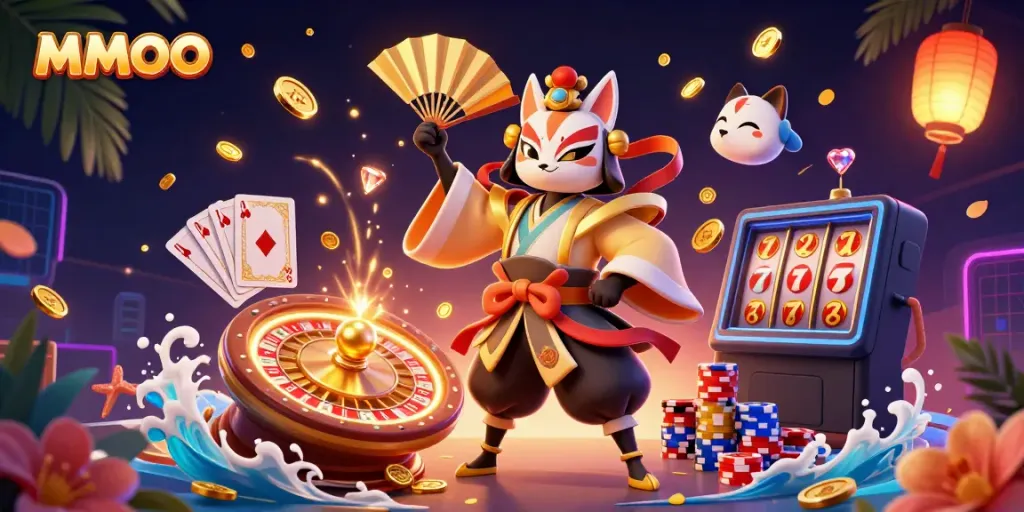 Experience exciting gameplay at MMOO with vibrant characters, coins, and gaming elements.