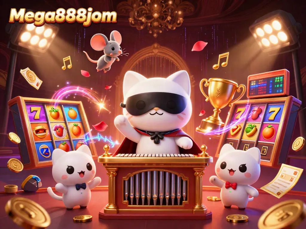 Win big with mega888jom at a vibrant casino scene showcasing thrilling slot games and dynamic energy.