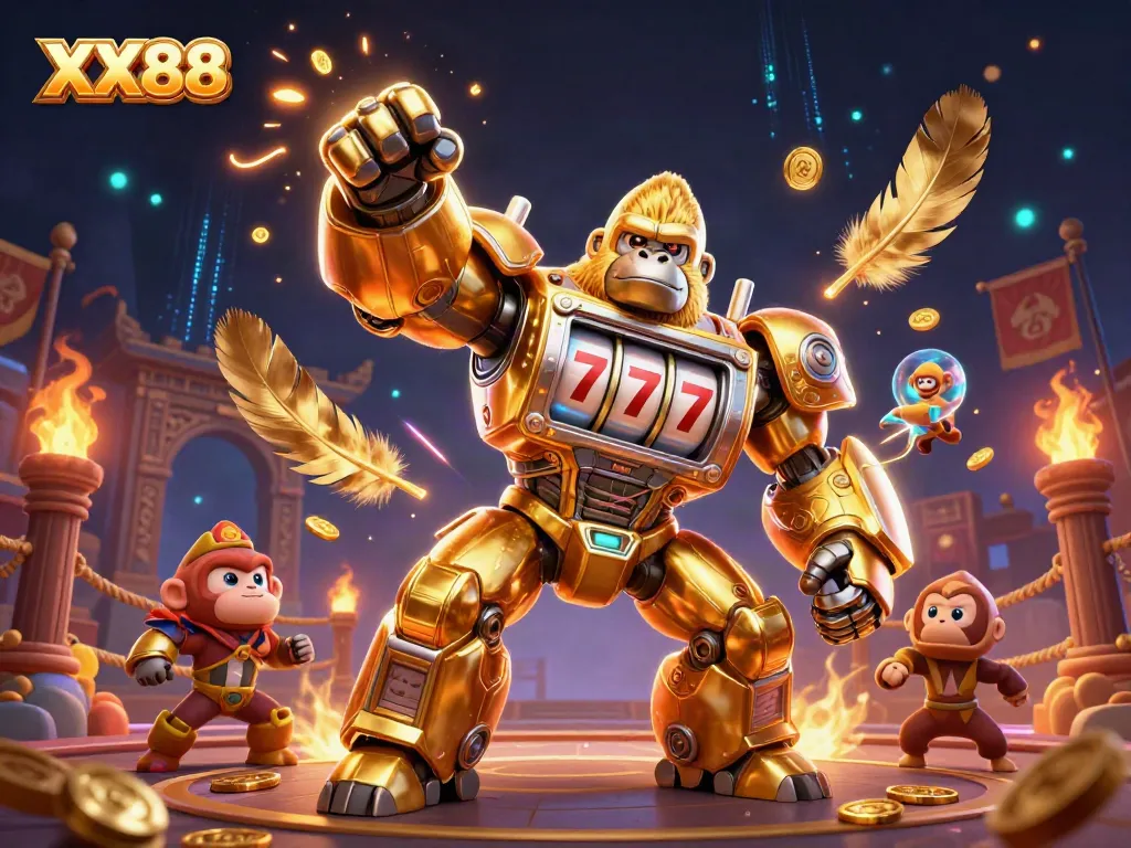 Experience the thrilling action of XX88 with a golden gorilla mech amidst electrifying casino elements.