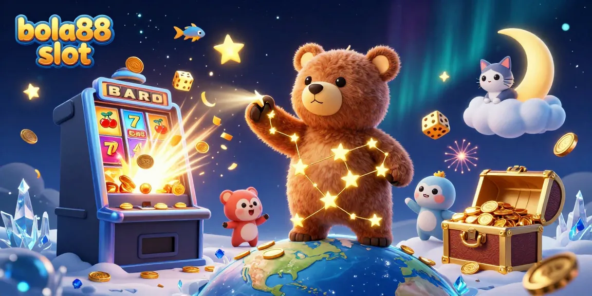 Engaging scene showcasing bola88 slot with constellation bear and slot machine bursting coins.