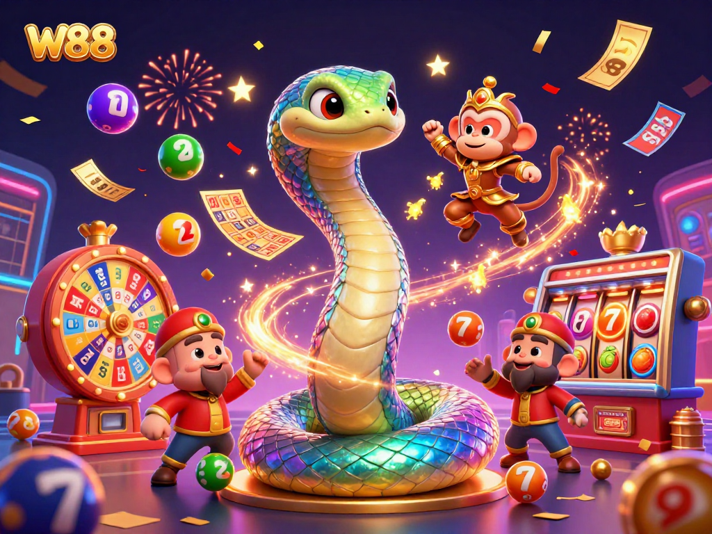 Engage with W88's vibrant casino environment featuring a playful scene of a rainbow serpent and monkey king.