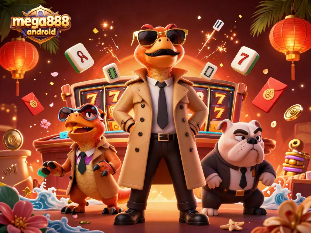 Experience mega888 android excitement in a vibrant casino scene with animated raptors and game elements.
