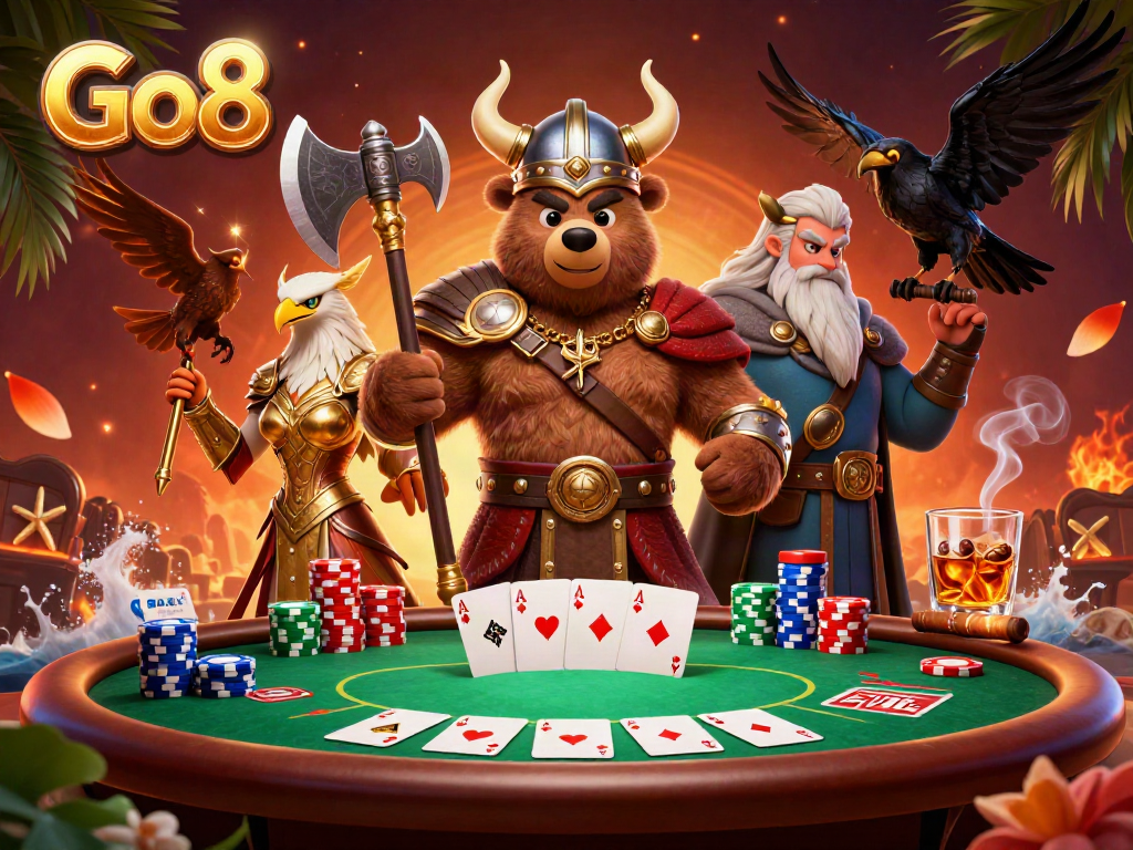 Experience thrilling poker action at Go8 with fierce Viking and Valkyrie characters in an energetic casino scene.