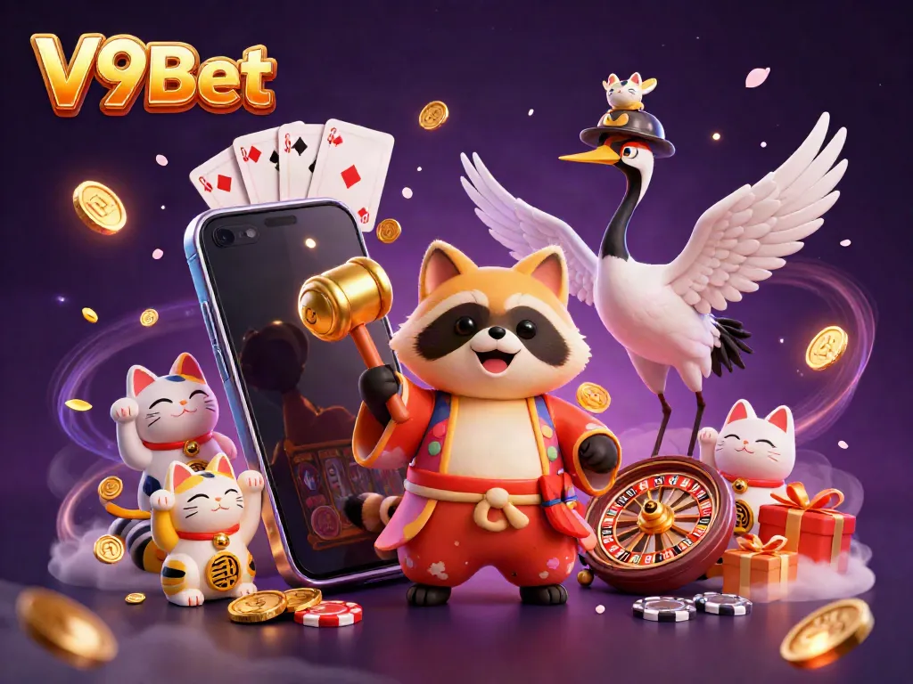 Play colorful slot games with V9Bet's cheerful characters in a rich casino-themed digital illustration.