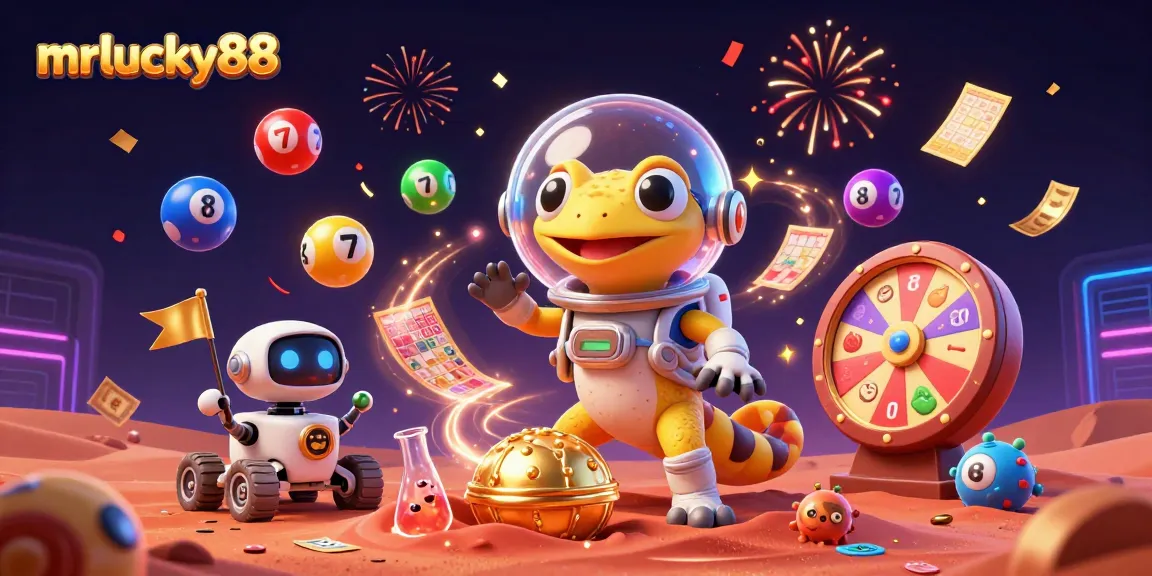 Experience mrlucky88 with a 3D illustration of a Martian gecko exploring a golden casino with vibrant gaming elements.