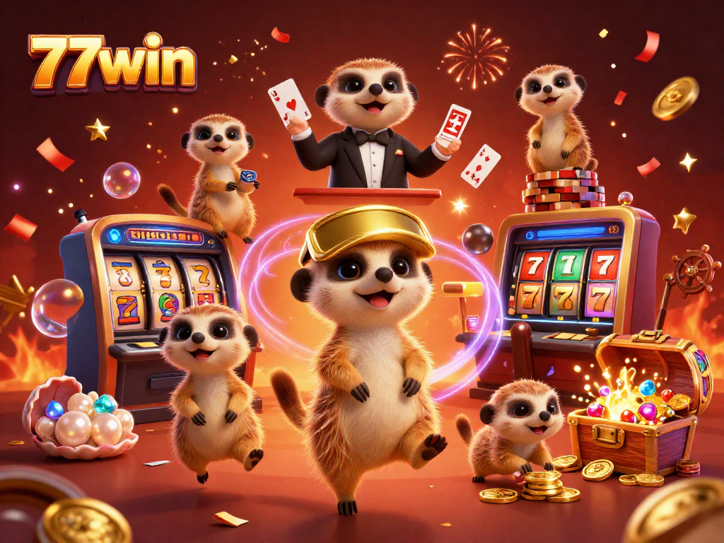 Win big at 77win with a vibrant meerkat casino scene showcasing thrilling games and colorful treasures.