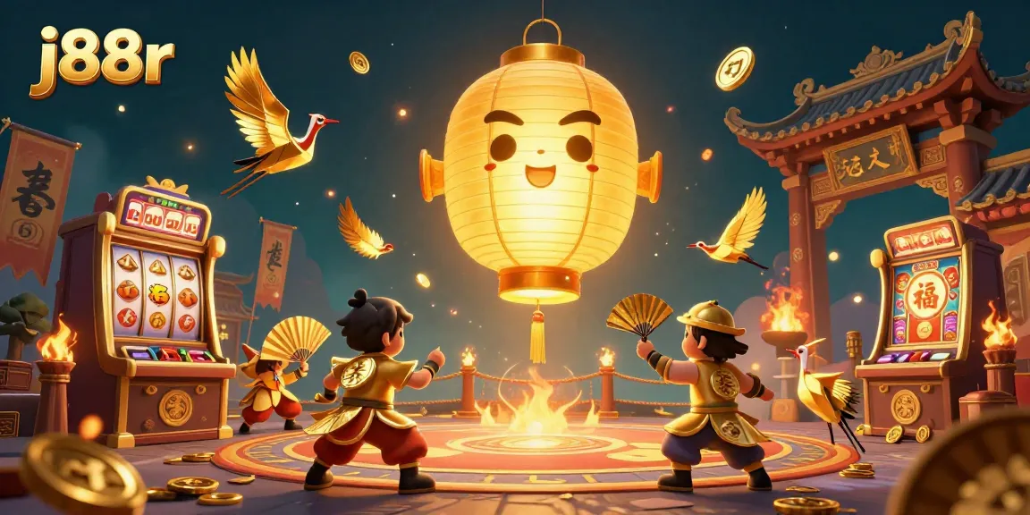 Engage with j88r's vibrant casino atmosphere featuring glowing lanterns, spinning slots, and dynamic characters.