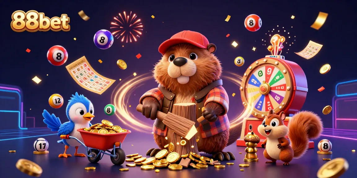 88bet promotes excitement with a lively 3D illustration of cartoon characters celebrating a gold coin storm.