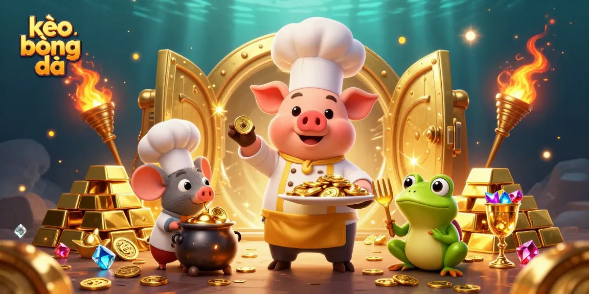 Engage in kèo bóng đá as a 3D chef pig serves coins gourmet style in a captivating casino scene.