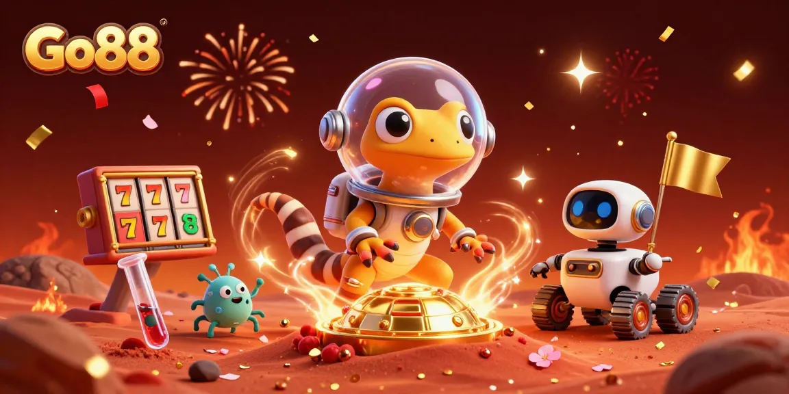 Engage in thrilling games at Go88's vibrant golden casino with festive elements and a Martian gecko discovery.