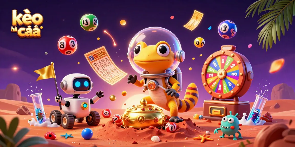 Engage with kèo nhà cái in a vibrant, joyful casino scene featuring a Martian gecko and lottery elements.