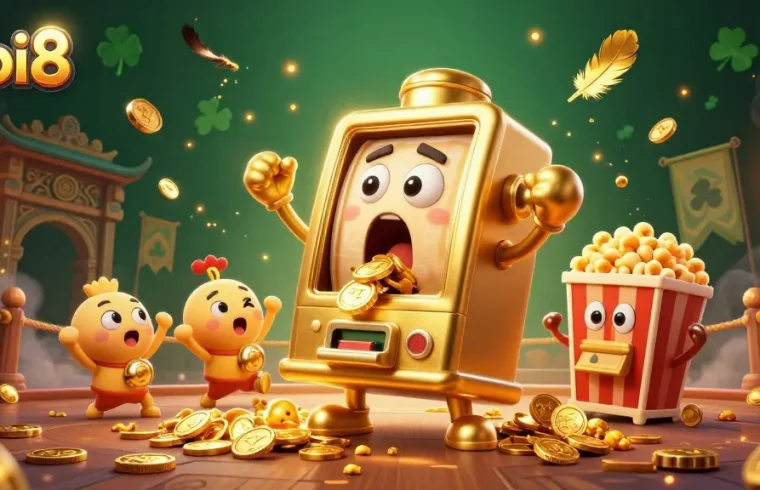 Spin your way to fortune with mbi8's vibrant golden slot machines in a thrilling casino scene.