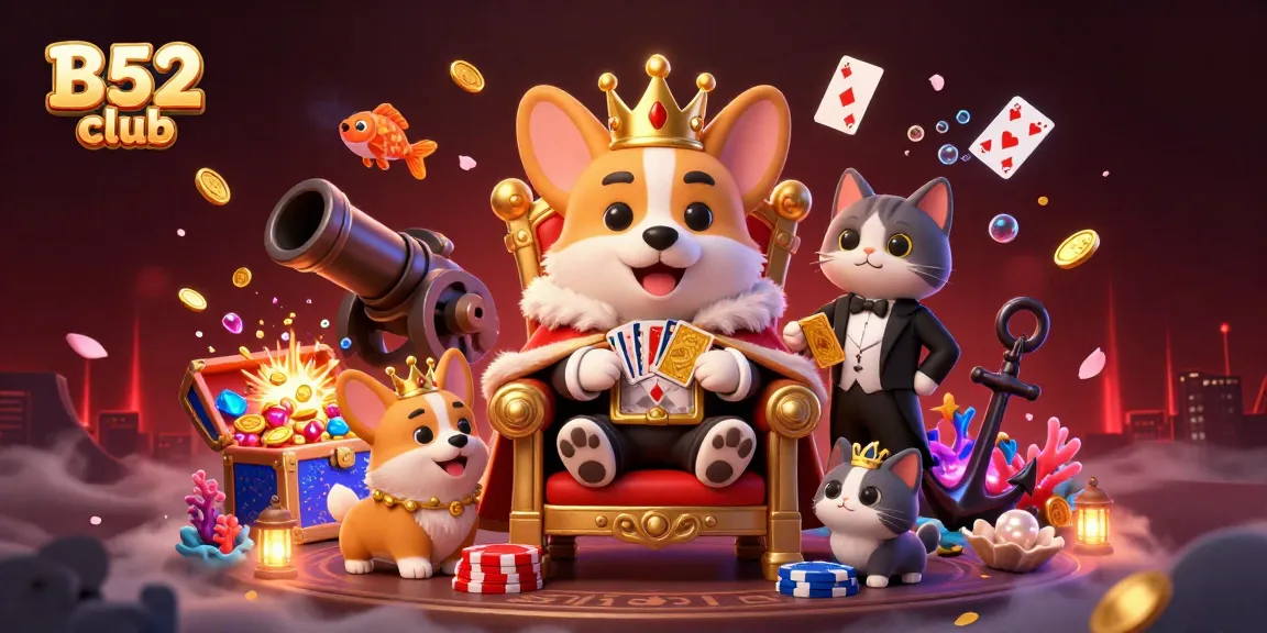 B52 club's vibrant casino scene showcases a royal corgi, golden cards, and playful fish shooting elements in action.