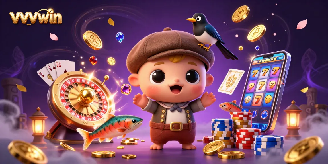 Experience exciting gameplay with vvvwin as baby Nessie and friends bring luck and joy in a colorful casino scene.