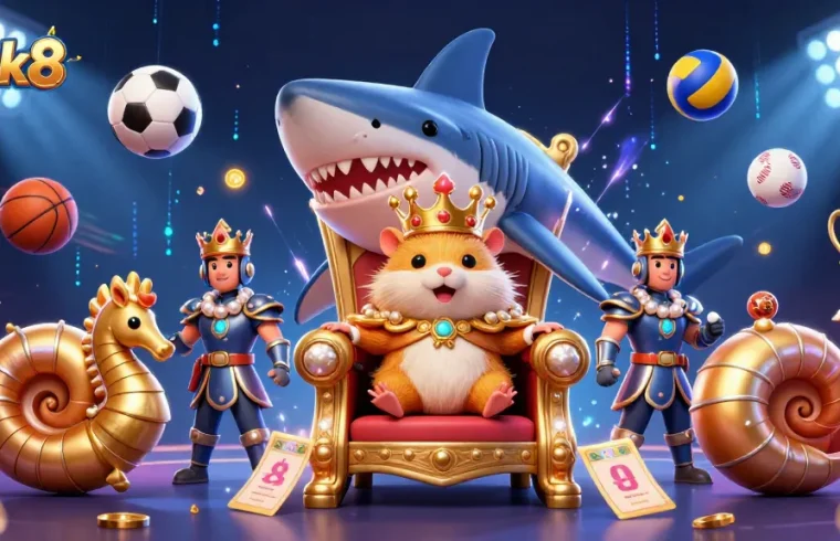 Bet on Luck8 with a vibrant scene of a golden hamster king and sports betting excitement.