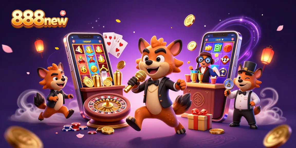 Experience the vibrant 888new casino with hyenas in action, mixing drinks and telling jokes in a colorful scene.