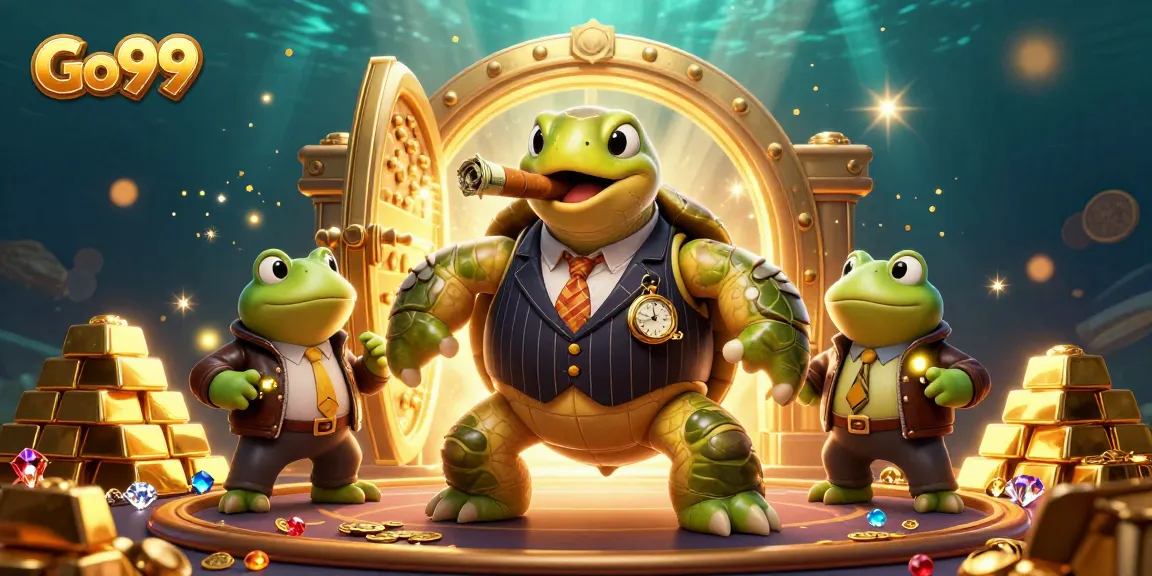 Engage in thrilling gaming with Go99's vibrant casino scene featuring a turtle mobster and bullfrog enforcers.