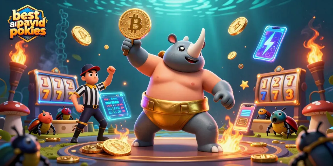 Experience the excitement of the best au payid pokies with a dynamic 3D illustration featuring a sumo beetle champion, glowing crypto coins, and vibrant gaming elements.
