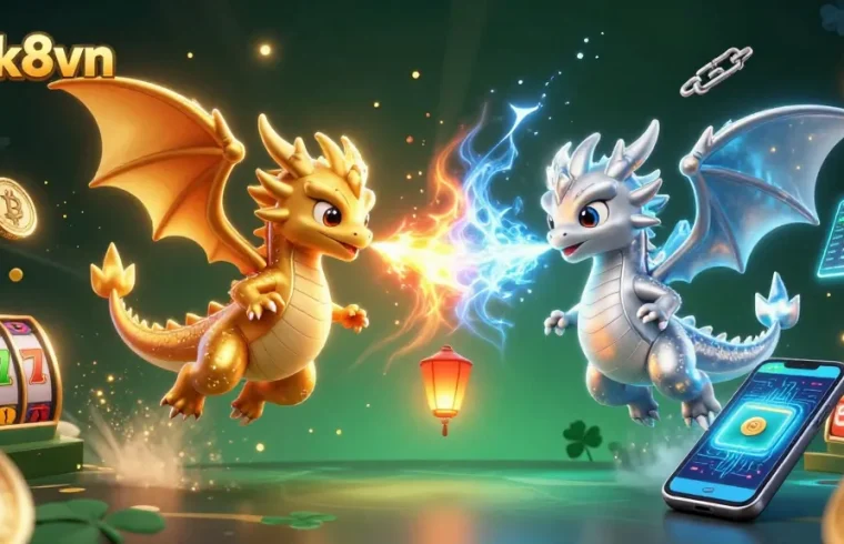 Experience luck8vn's dynamic energy with intertwined golden and silver dragons amidst vibrant gaming elements.