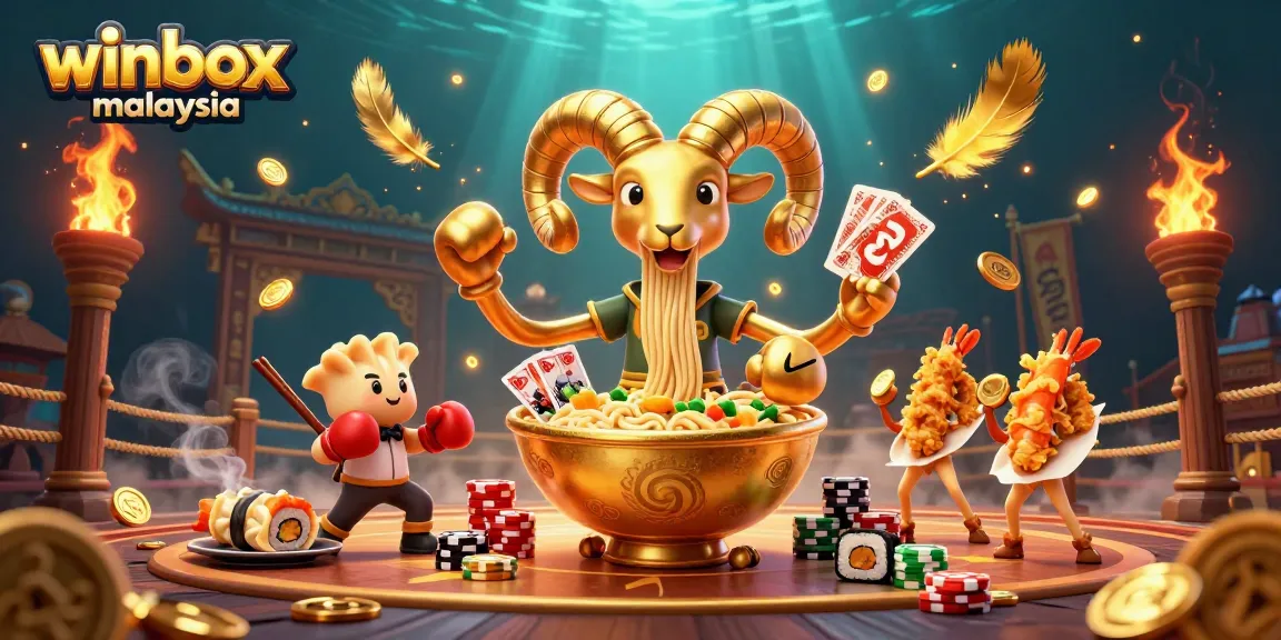 Play thrilling games on winbox malaysia with a golden ramen bowl character and vibrant casino elements.