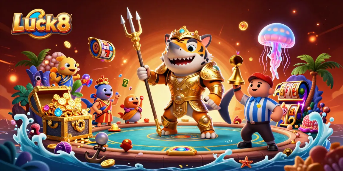 Luck8 showcases a vibrant underwater gambling spectacle with a tiger shark in gladiator armor, enhancing your casino gaming adventure.