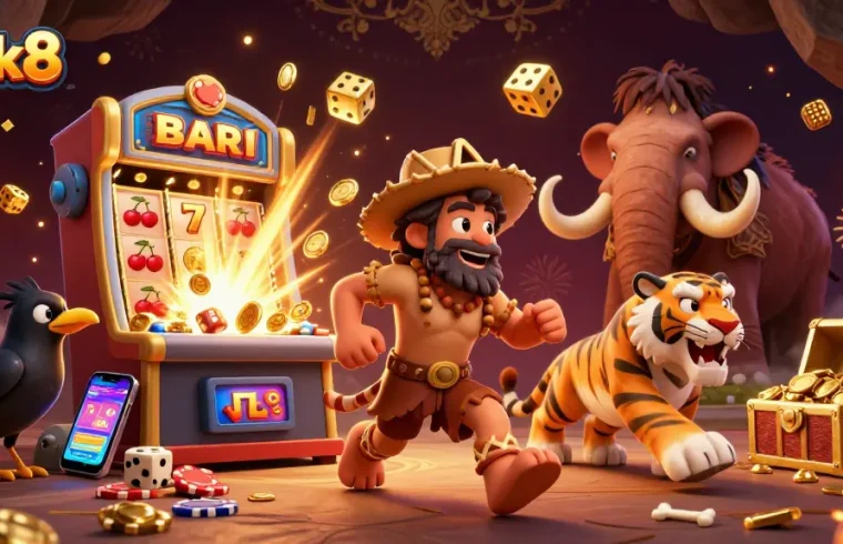 Experience luck8 gaming excitement with a dynamic scene featuring caveman and tiger duo in a rich casino environment.