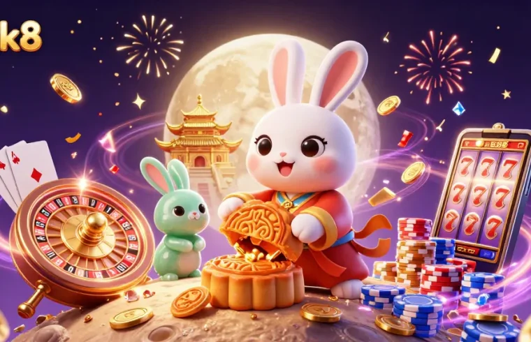 Engage with luck8 gambling excitement through this vibrant 3D illustration featuring lucky moon rabbits.