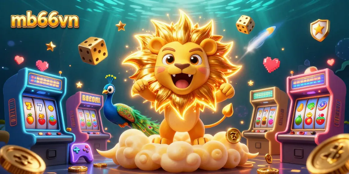 Engage with vibrant mb66vn casino illustration featuring a roaring sun lion, golden dice, and arcade games.