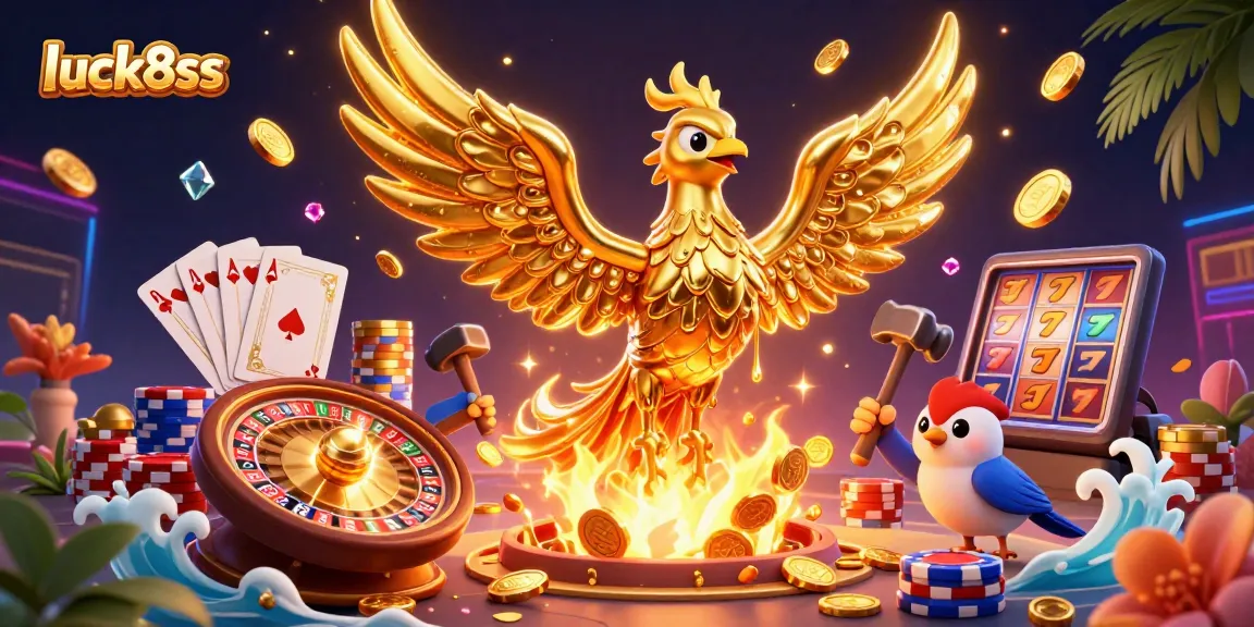 Experience excitement at luck8ss with a 3D golden phoenix emerging from a forge, surrounded by casino treasures.