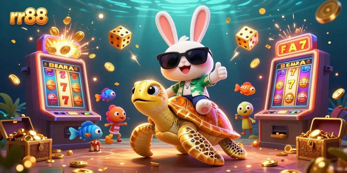 rr88 introduces exciting gameplay with a lucky rabbit and golden turtle celebrating a jackpot