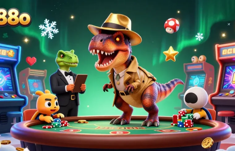 Experience thrilling gameplay at tg88o with a velociraptor card counter amidst dazzling casino elements.