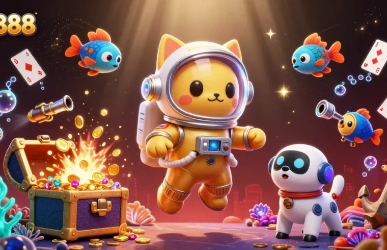 Experience exciting gaming adventures with ao888 in this colorful 3D illustration showcasing dynamic casino elements.