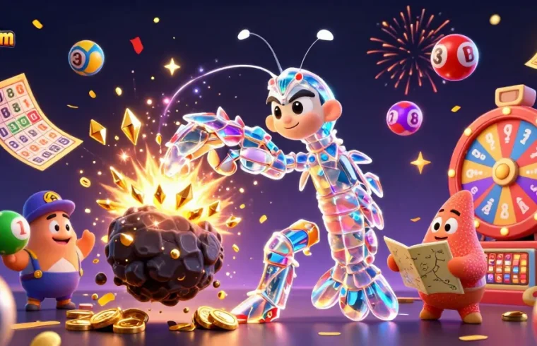 Win big with hubetcom's vibrant 3D lottery-themed illustration showcasing excitement and dynamic gameplay.