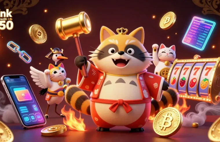 Experience the joylink free credit rm50 bonus with a vibrant 3D casino themed scene full of colorful characters and slot reels.
