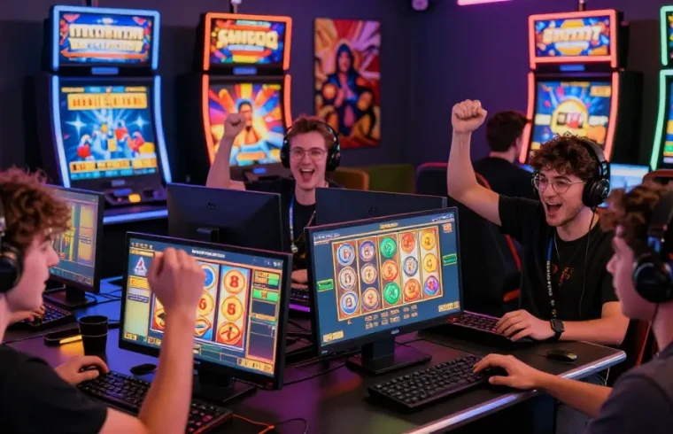 Thrilled players experiencing slot gacor wins in a vibrant online gaming environment.