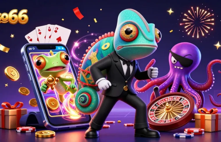 Xoso66 casino illustration featuring a sleek chameleon agent, a gadget gecko, and an octopus amidst dynamic gaming elements.