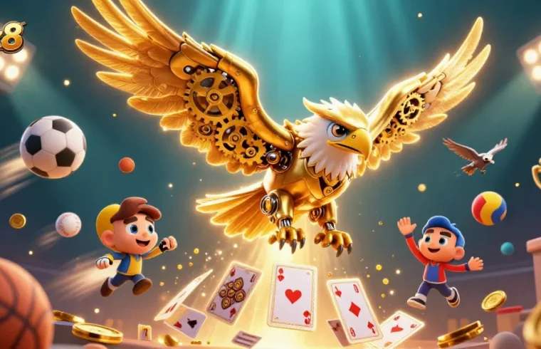 Experience thrilling gaming with Luck8, featuring a cybernetic eagle diving through holographic cards amidst sports elements.